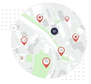 Kaart waarop locaties van eigendommen worden weergegeven met pins